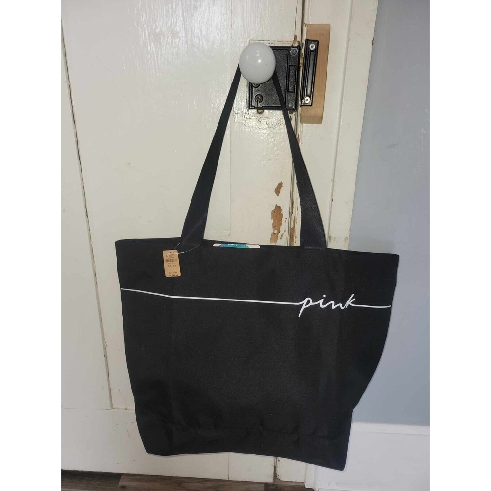 VICTORIA'S SECRET PINK LOGO BLACK CANVAS TOTE BAG-TOP CLOSURE-NWT-$49.95